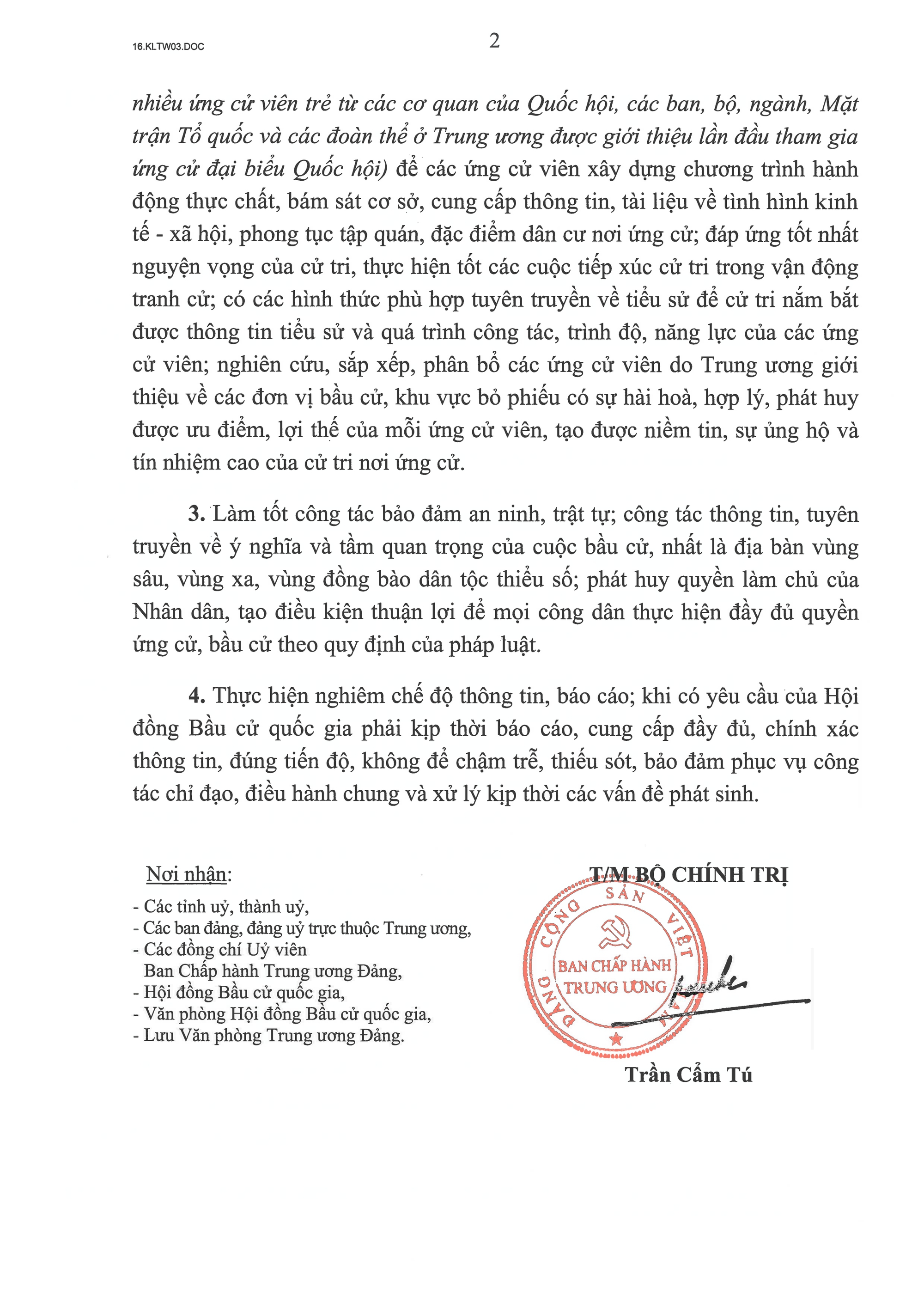 Kết luận số 03-KL/TW của Bộ Chính trị, Ban Bí thư về tiếp tục thực hiện Chỉ thị số 46-CT/TW, ngày 16/5/2025 của Bộ Chính trị về lãnh đạo cuộc bầu cử đại biểu Quốc hội khoá XVI và bầu cử đại biểu Hội đồng nhân dân các cấp nhiệm kỳ 2026 - 2031.